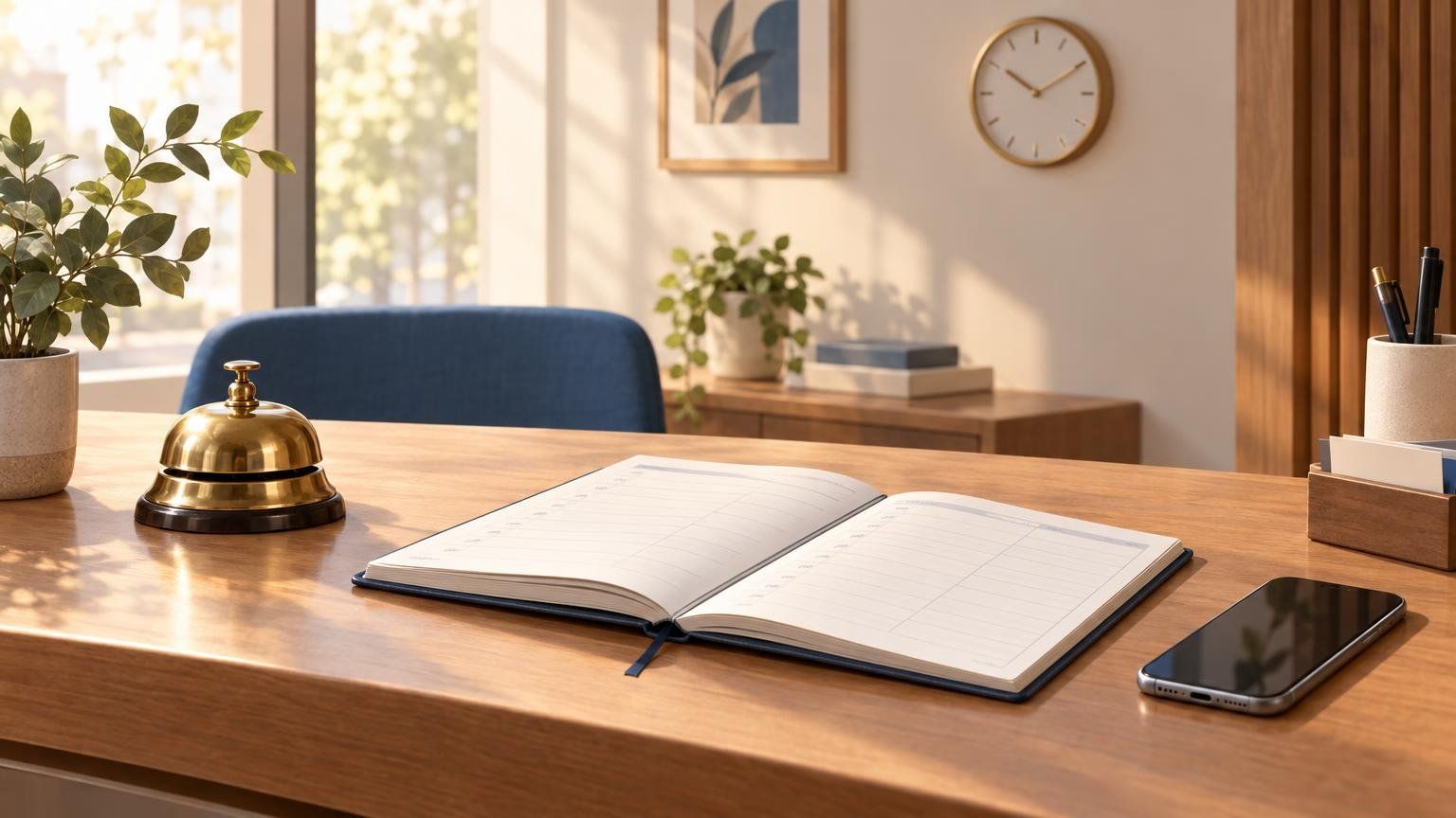 A tidy front desk with an open appointment book, a smartphone and a desk bell, suggesting a scheduling assistant at work.