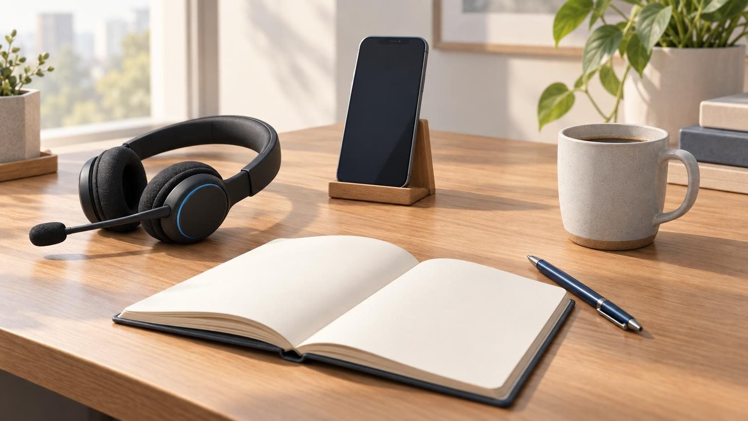 A tidy desk with a headset, a smartphone on a stand and an open notebook, set up for taking sales calls.
