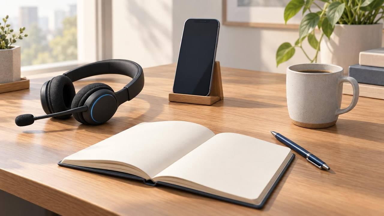 A tidy desk with a headset, a smartphone on a stand and an open notebook, set up for taking sales calls.