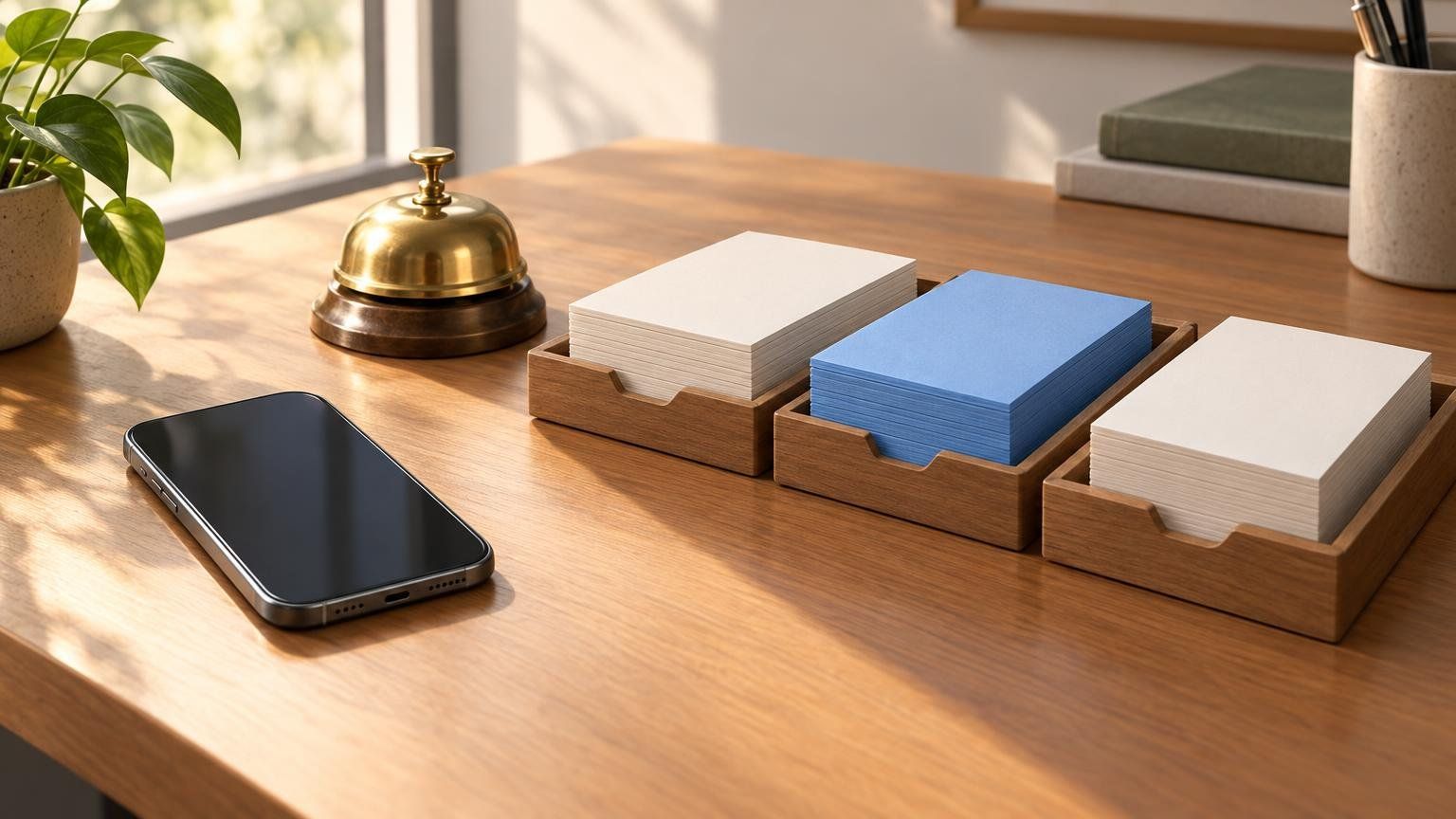 A smartphone resting on a desk beside a small bell and three sorted stacks of index cards, suggesting incoming leads being sorted.