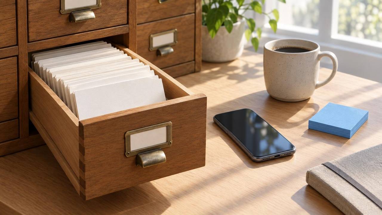 A wooden card catalog drawer filled with neatly labeled index cards on a desk beside a phone and a coffee mug.