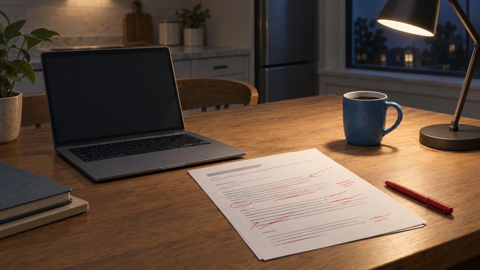 A laptop on a kitchen table next to a printed email draft covered in red pen edits and a cup of coffee.