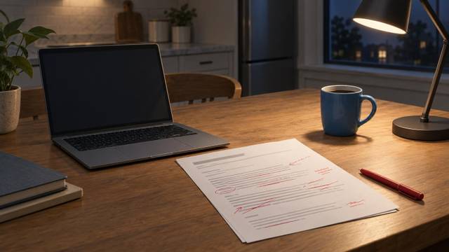 A laptop on a kitchen table next to a printed email draft covered in red pen edits and a cup of coffee.