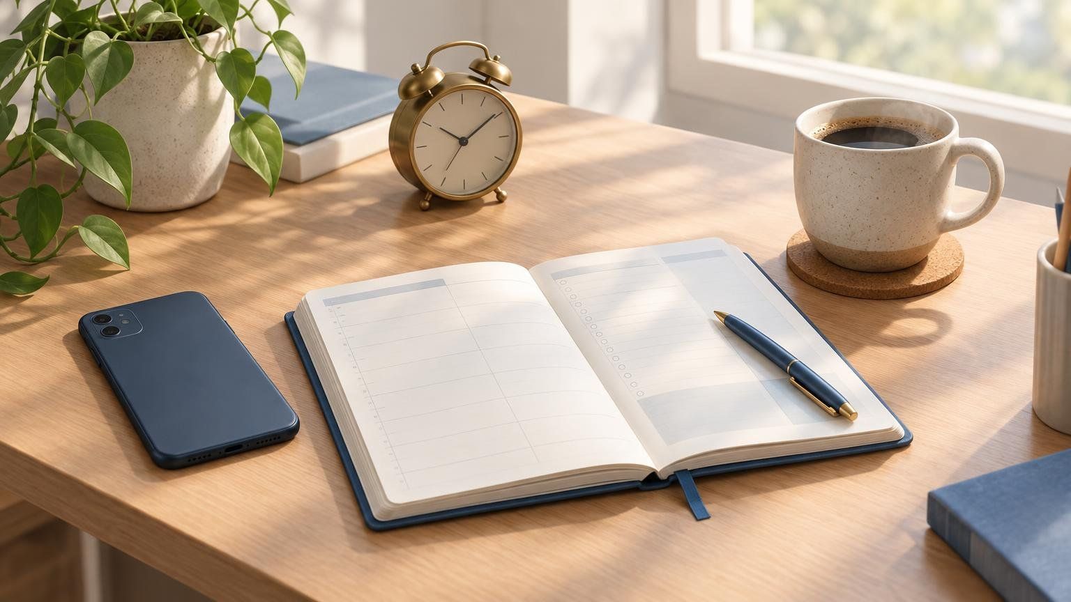 A desk with a phone, a paper planner, and a small alarm clock in morning light.