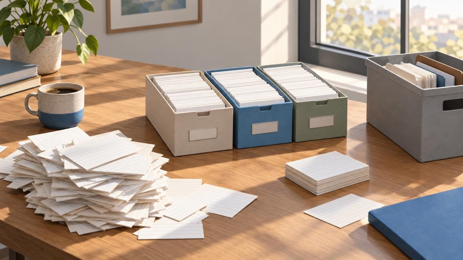 A tidy desk where stacks of loose index cards are being sorted into neat labeled boxes, with a few cards set aside in a storage bin.