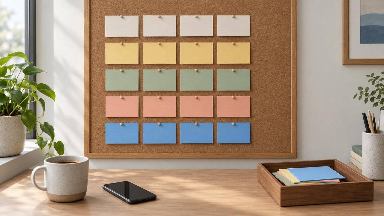 A cork board with five rows of blank colored index cards and a small tray of cards set off to one side, on a desk beside a phone and a coffee mug.