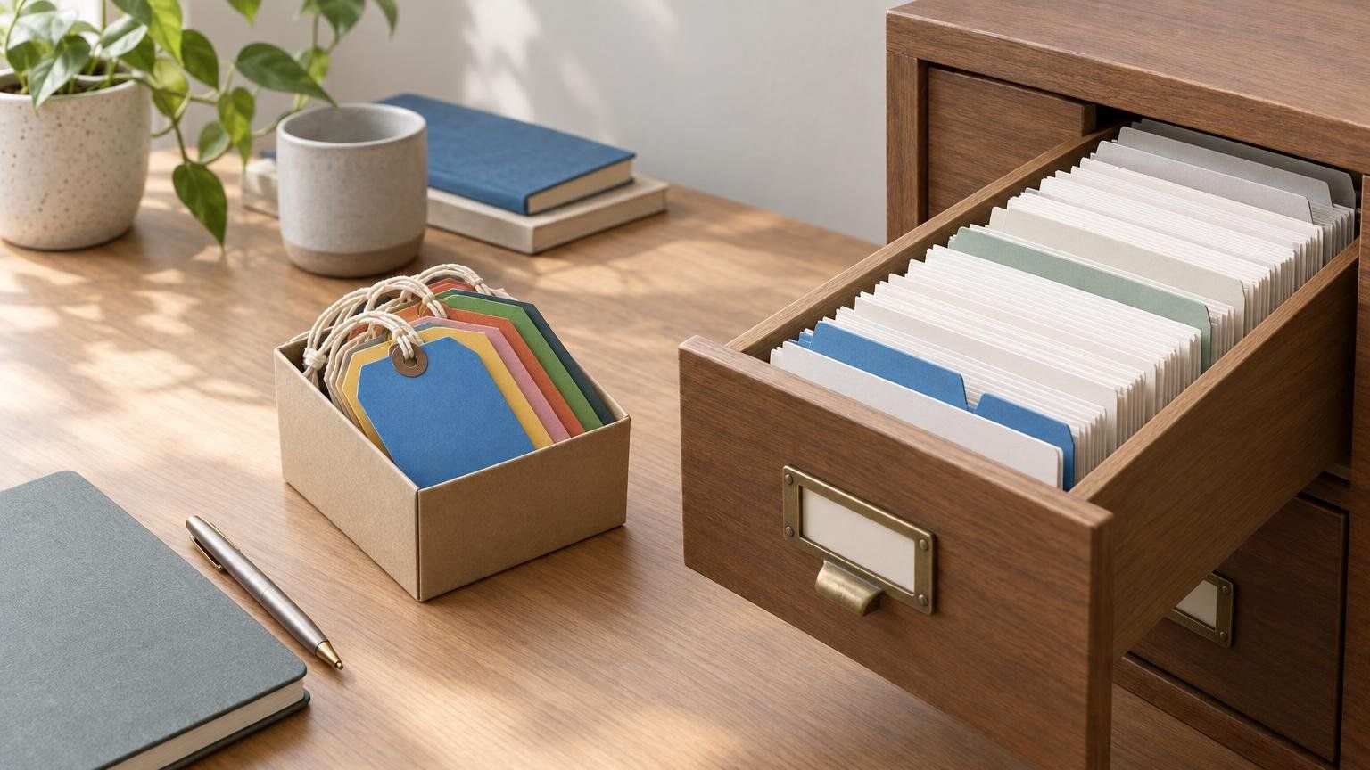 A wooden desk with a box of colored paper tags next to a tidy card file drawer full of blank index cards.