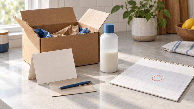 A kitchen counter with a delivered product box, a handwritten thank-you card, and a small wall calendar with one day circled.