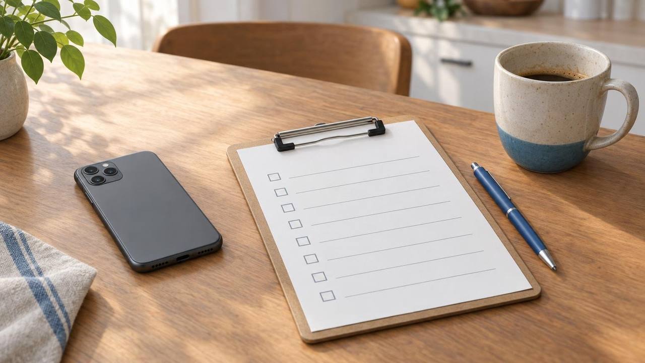 A phone resting on a kitchen table next to a printed checklist, a pen, and a cup of coffee.