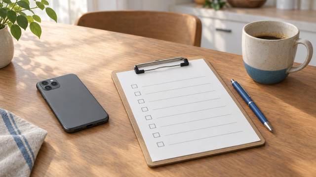 A phone resting on a kitchen table next to a printed checklist, a pen, and a cup of coffee.