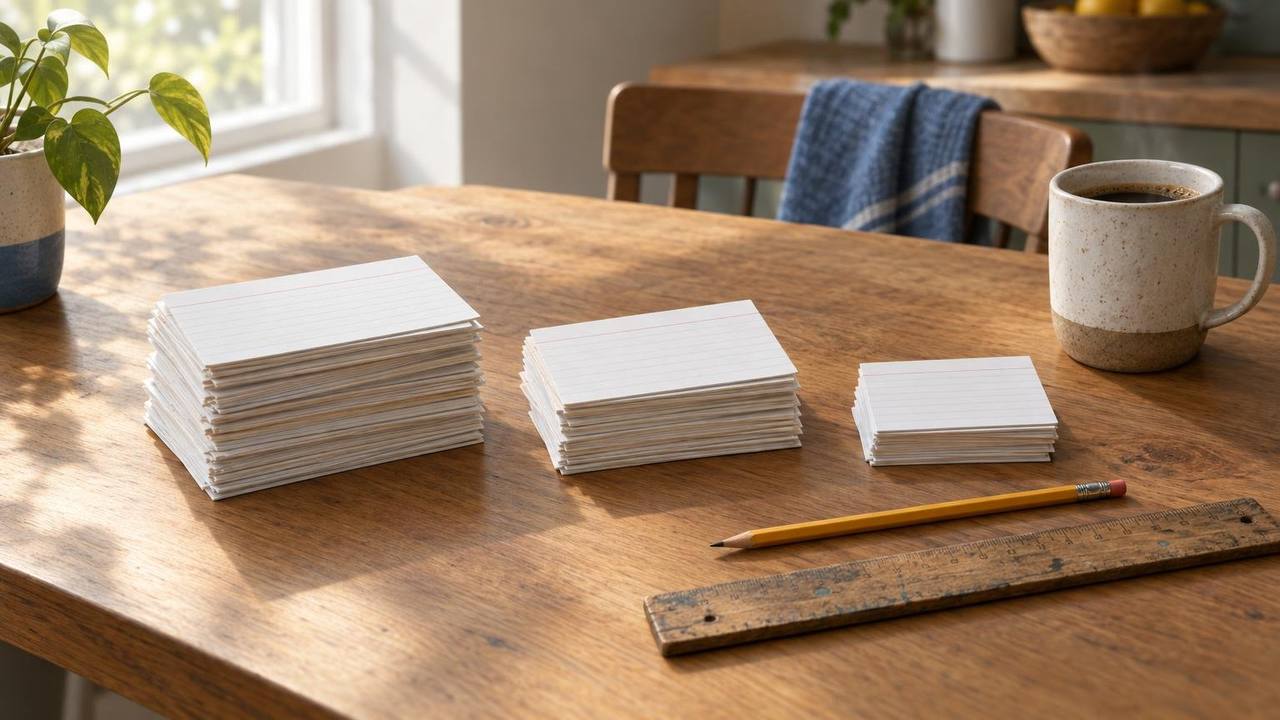 Index cards sorted into three small piles on a kitchen table next to a coffee mug, a pencil and a wooden ruler.