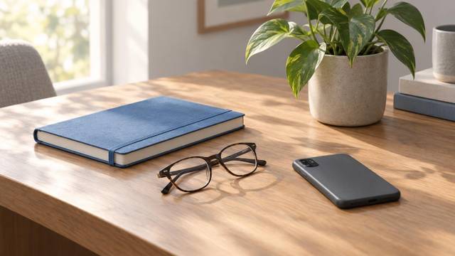 A tidy desk with a closed notebook, a pair of reading glasses, and a small potted plant beside a phone lying face down.