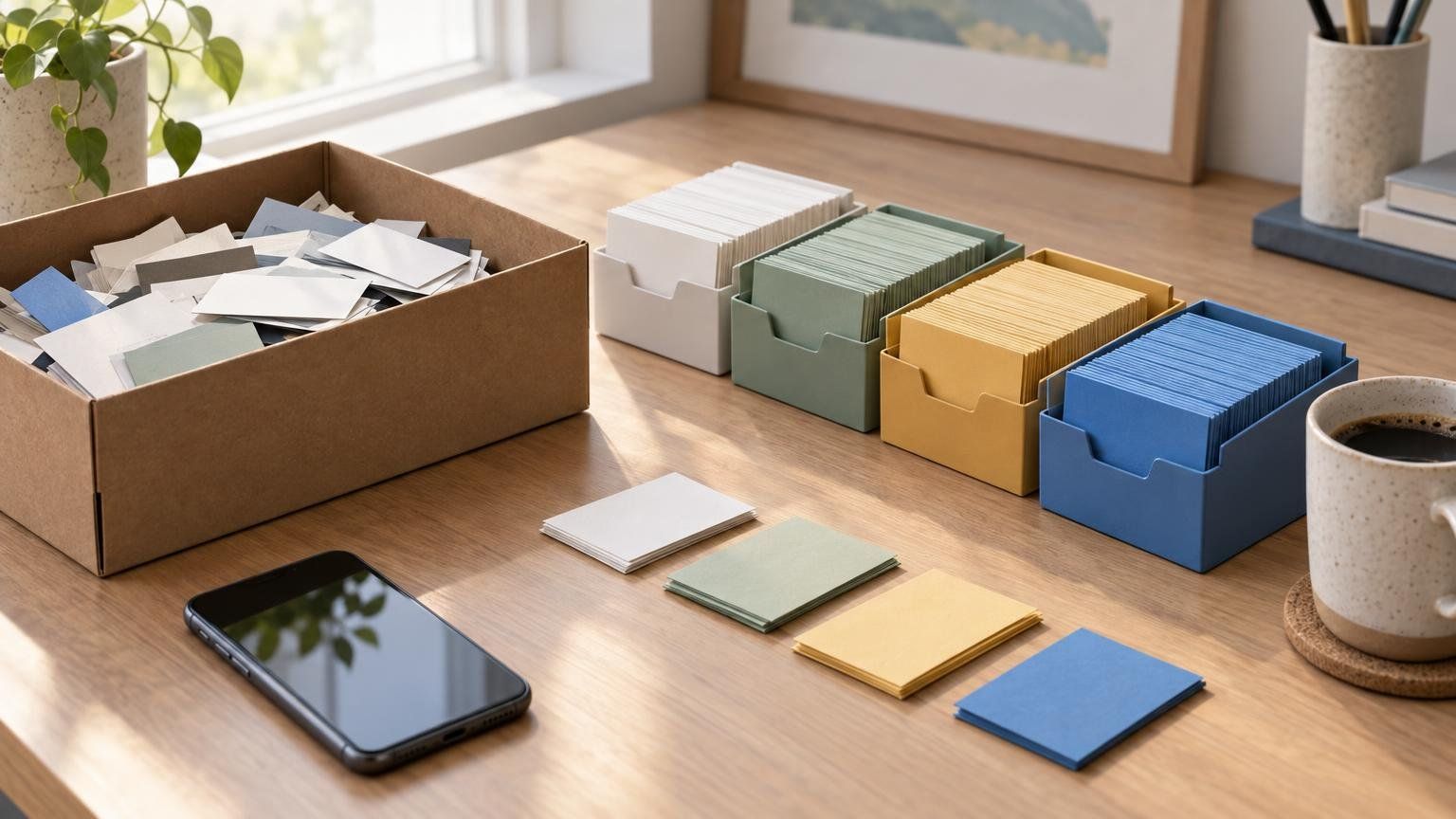 A tidy desk where a shoebox of loose business cards is being sorted into colored index card trays next to a phone and a cup of coffee.