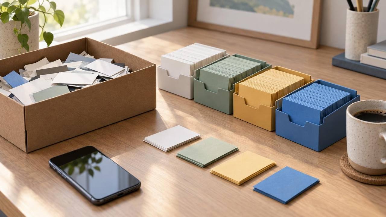 A tidy desk where a shoebox of loose business cards is being sorted into colored index card trays next to a phone and a cup of coffee.
