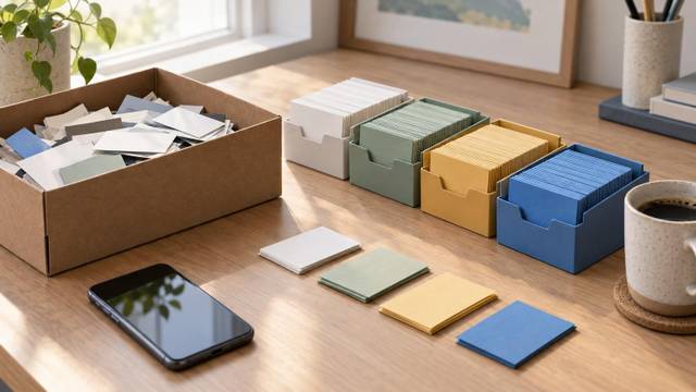 A tidy desk where a shoebox of loose business cards is being sorted into colored index card trays next to a phone and a cup of coffee.