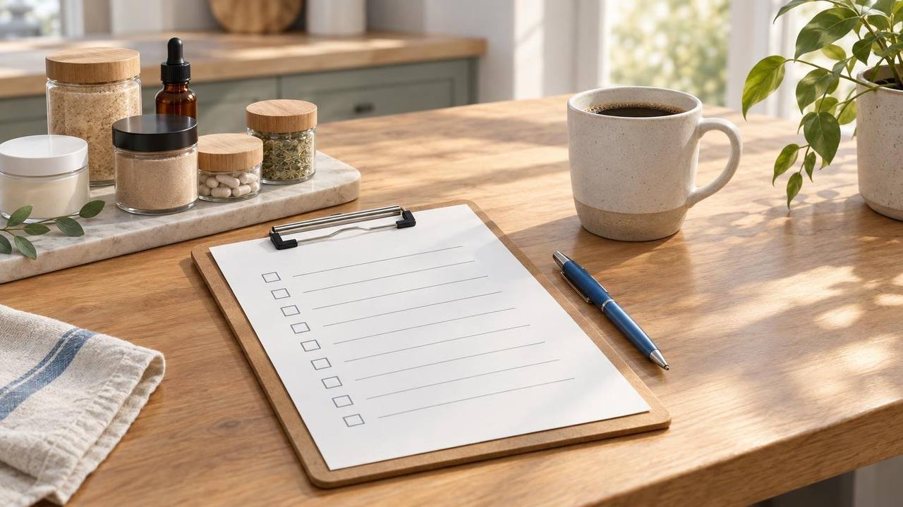 A printed one-page checklist on a clipboard beside a coffee mug, a pen and a small stack of product samples on a wooden table.