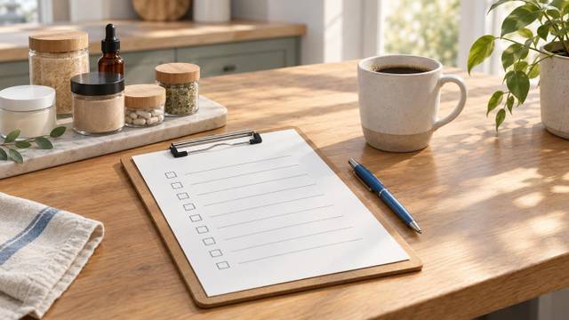 A printed one-page checklist on a clipboard beside a coffee mug, a pen and a small stack of product samples on a wooden table.