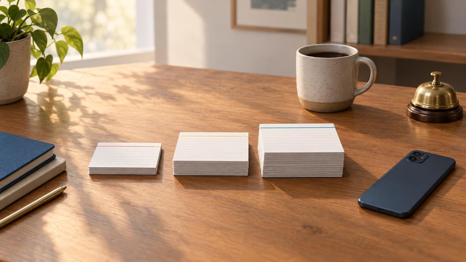 A wooden desk with a short stack of index cards sorted into three small piles beside a phone and a cup of coffee.