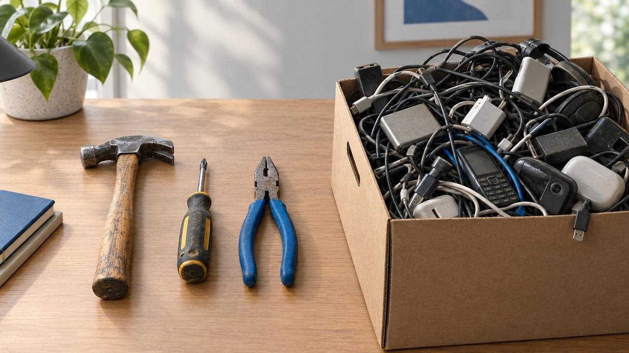 A tidy desk with a few chosen tools in a neat row while a box of unused cables and old gadgets sits pushed to one side.