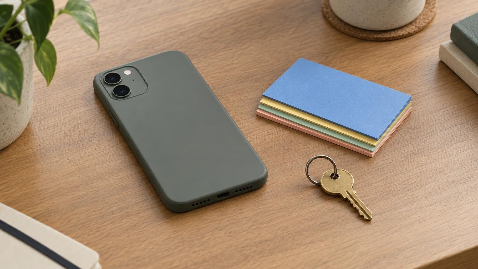 A smartphone lying face down on a wooden desk next to a small stack of blank colored index cards and a brass key.