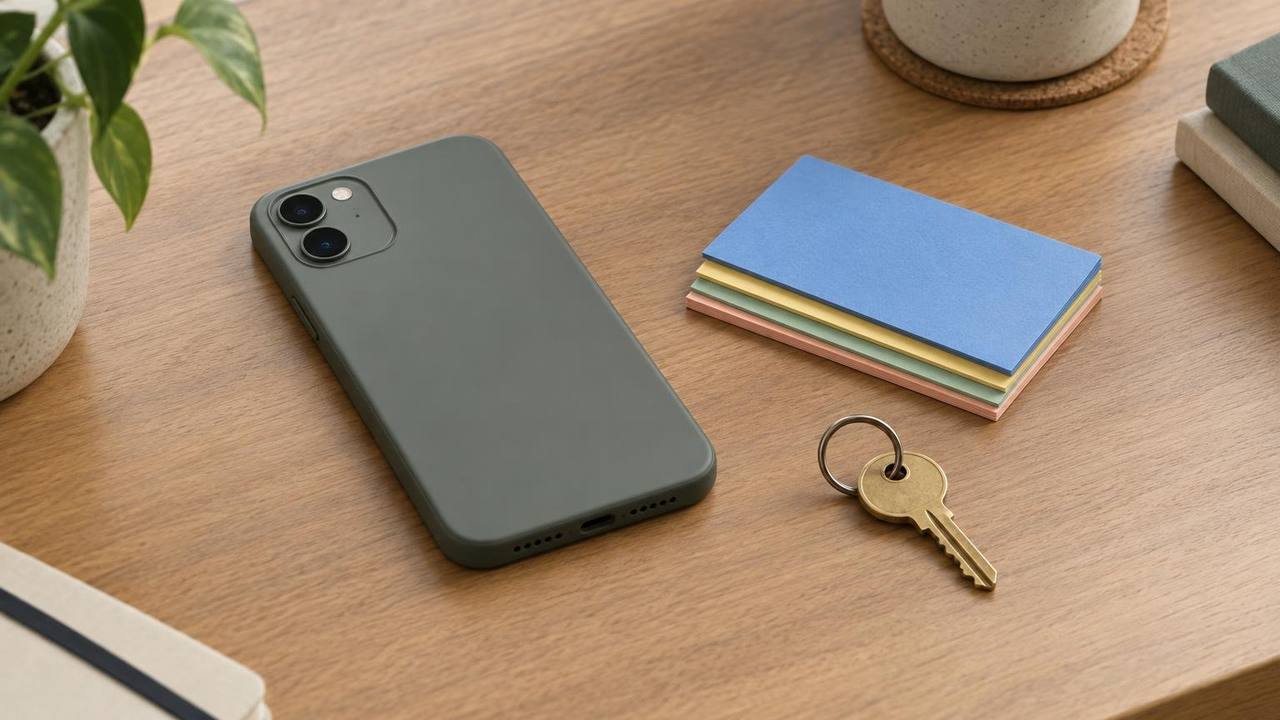 A smartphone lying face down on a wooden desk next to a small stack of blank colored index cards and a brass key.