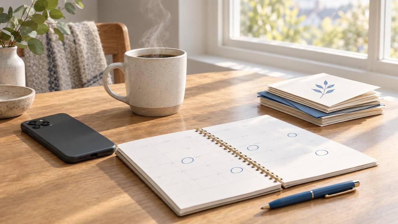 A kitchen table with a phone, a cup of coffee, and an open planner with a few days circled in pen.
