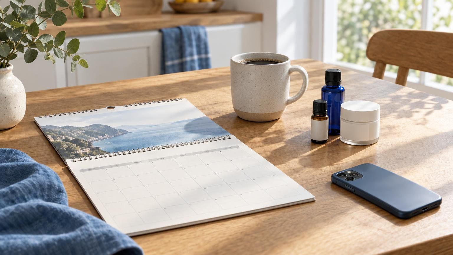 A kitchen table with a paper calendar, a cup of coffee, a few product sample bottles and a phone lying face down in morning light.
