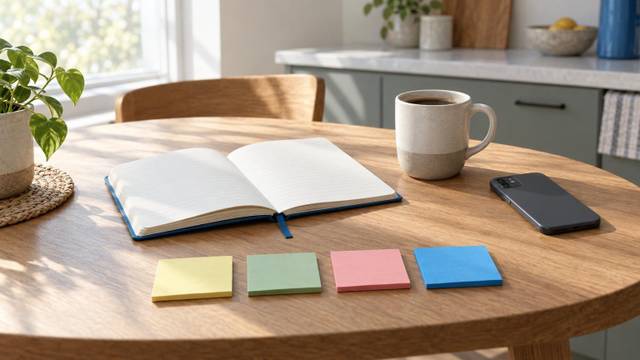 A notebook, a coffee mug and a phone on a kitchen table, with four colored sticky notes lined up in a row.