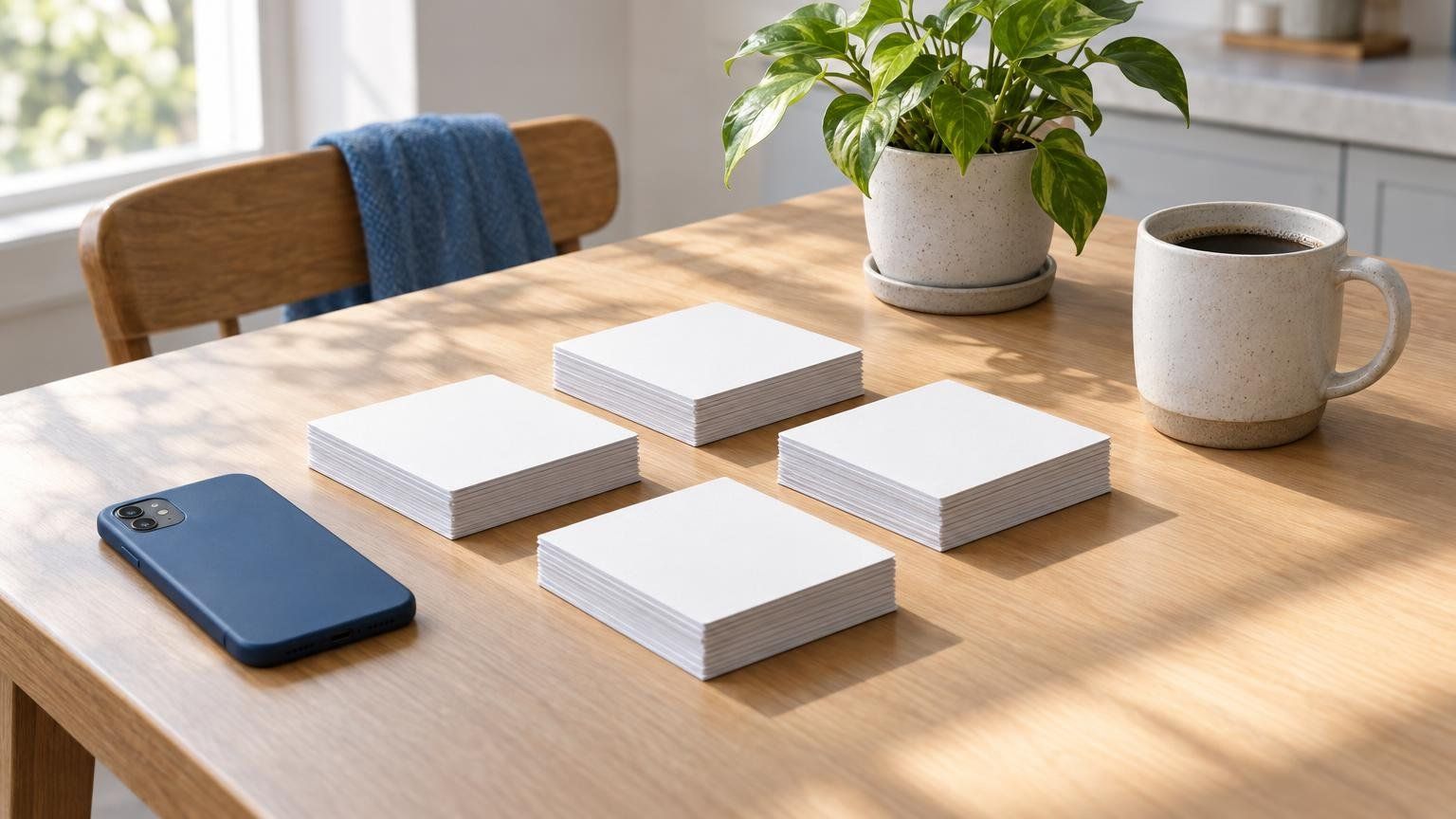 A tidy kitchen table with a stack of matching blank index cards, a phone lying face down, a mug of coffee and a small potted plant in soft morning light.