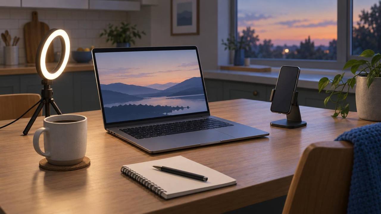 A laptop, a ring light and a phone on a stand set up on a kitchen table for an evening webinar.
