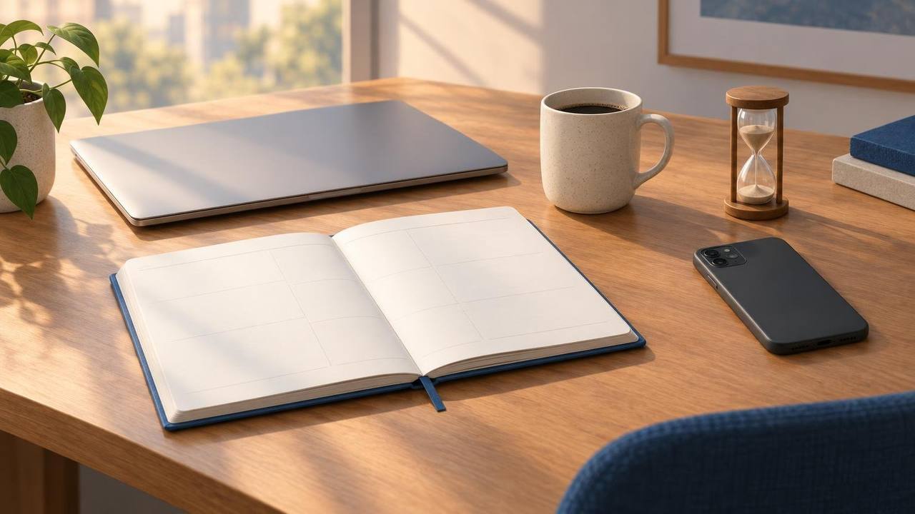A tidy desk with a laptop, a paper planner, a coffee mug and a phone turned face down beside a small hourglass.